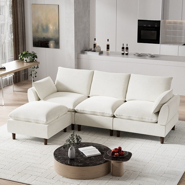 Ouyessir Overstuffed Modular Sectional L-Shaped Sofa Chenille Fabric with Ottoman Reversible - White