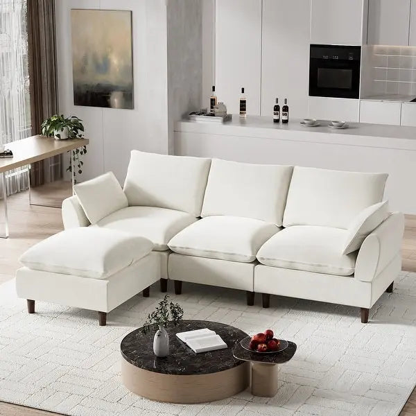 Ouyessir Overstuffed Modular Sectional L-Shaped Sofa Chenille Fabric with Ottoman Reversible - White