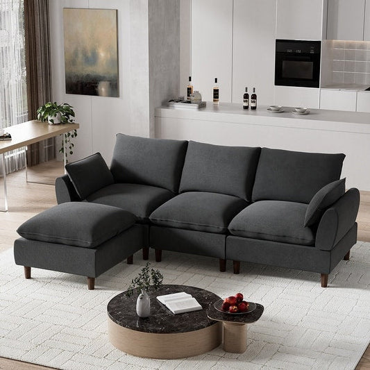 Ouyessir Overstuffed Modular Sectional L-Shaped Sofa Chenille Fabric with Ottoman Reversible - White
