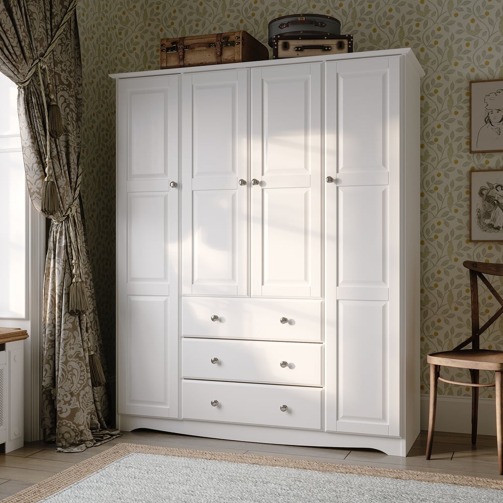 Palace Imports 100% Solid Wood Family 4-Door Wardrobe Armoire with Metal or Wooden Knobs