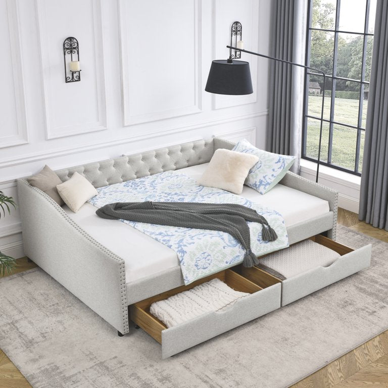 Linen Daybed with Drawers,Tufted Sofa Bed with Button and Copper Nail