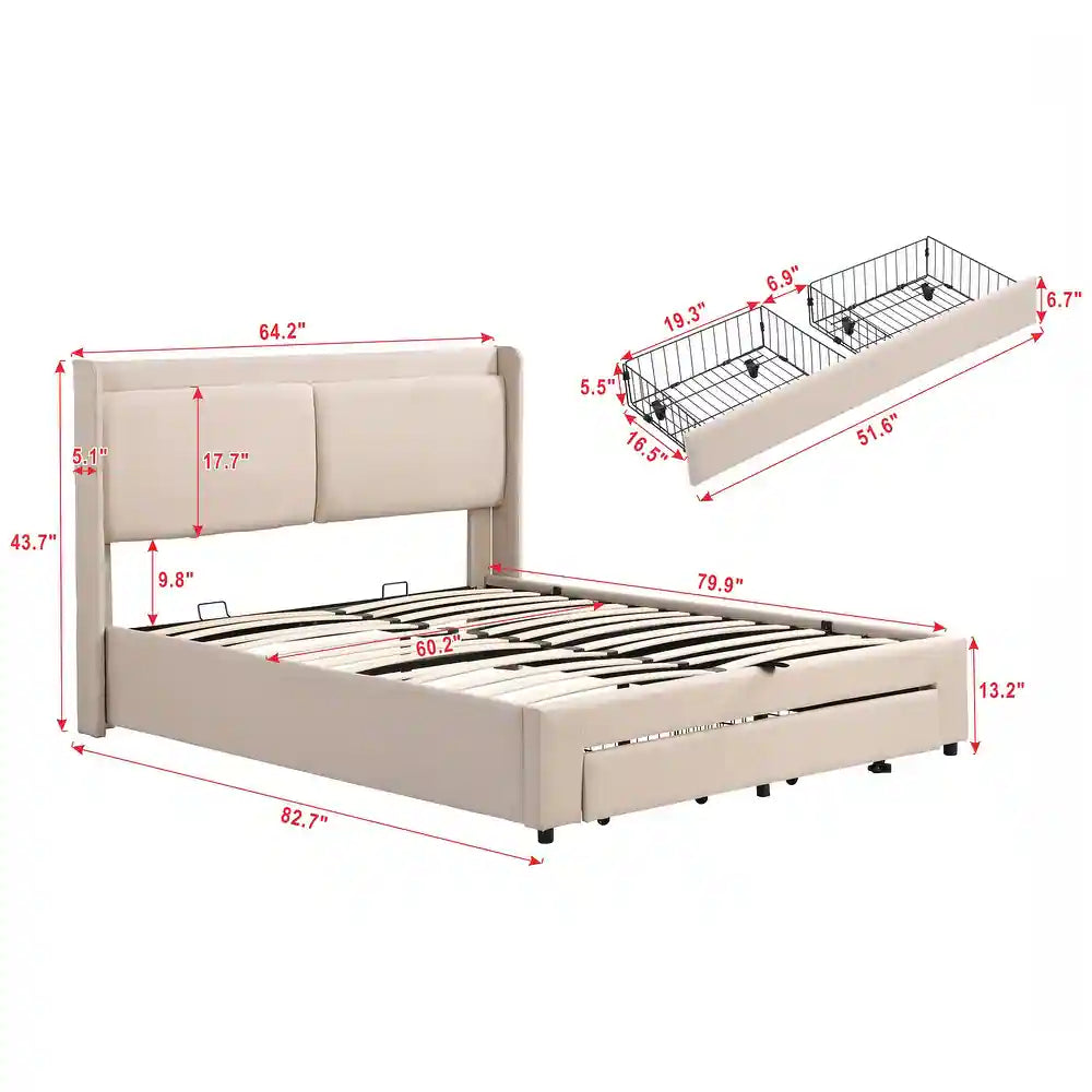 Queen Size Storage Upholstered Hydraulic Platform Bed with 2 Drawers