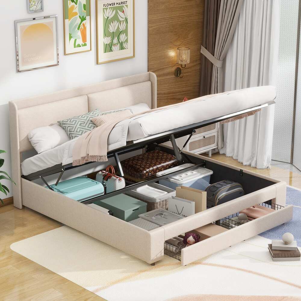 Queen Size Storage Upholstered Hydraulic Platform Bed with 2 Drawers