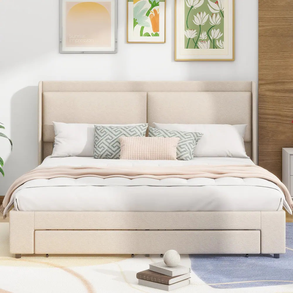 Queen Size Storage Upholstered Hydraulic Platform Bed with 2 Drawers