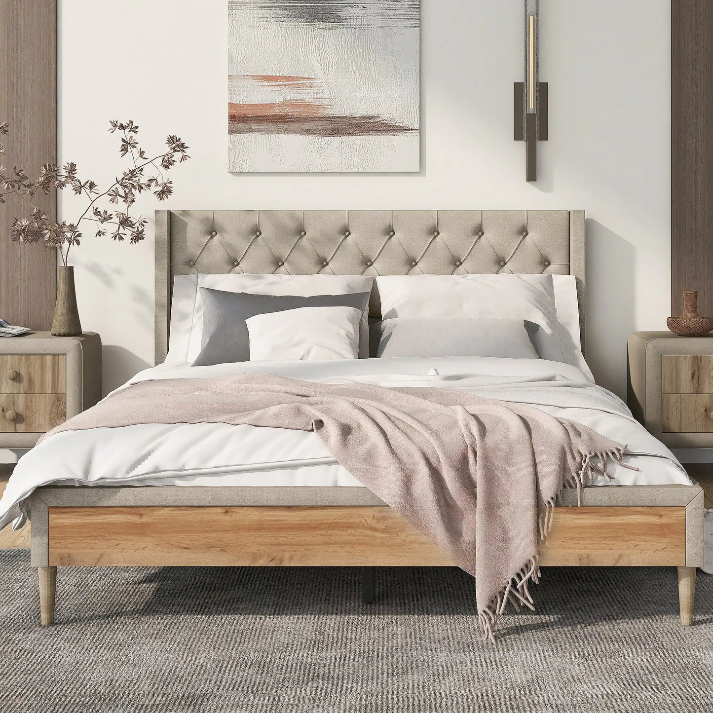 Platform bed with two nightstands and bench in full size Zavior furniture