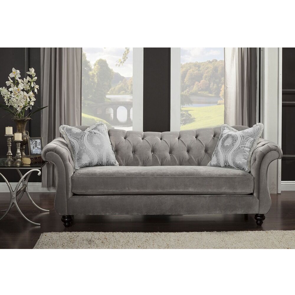 Royal style tufted sofa in light mocha fabric