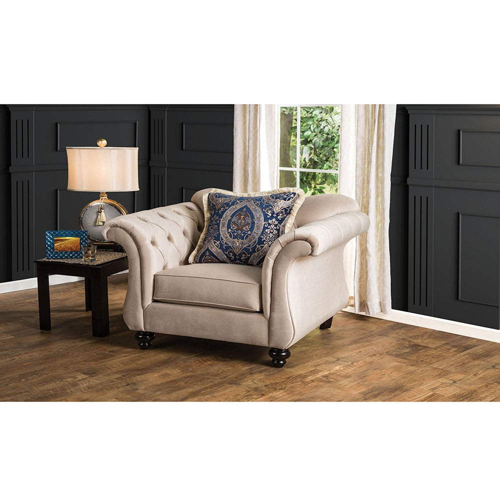 Royal style tufted sofa in light mocha fabric