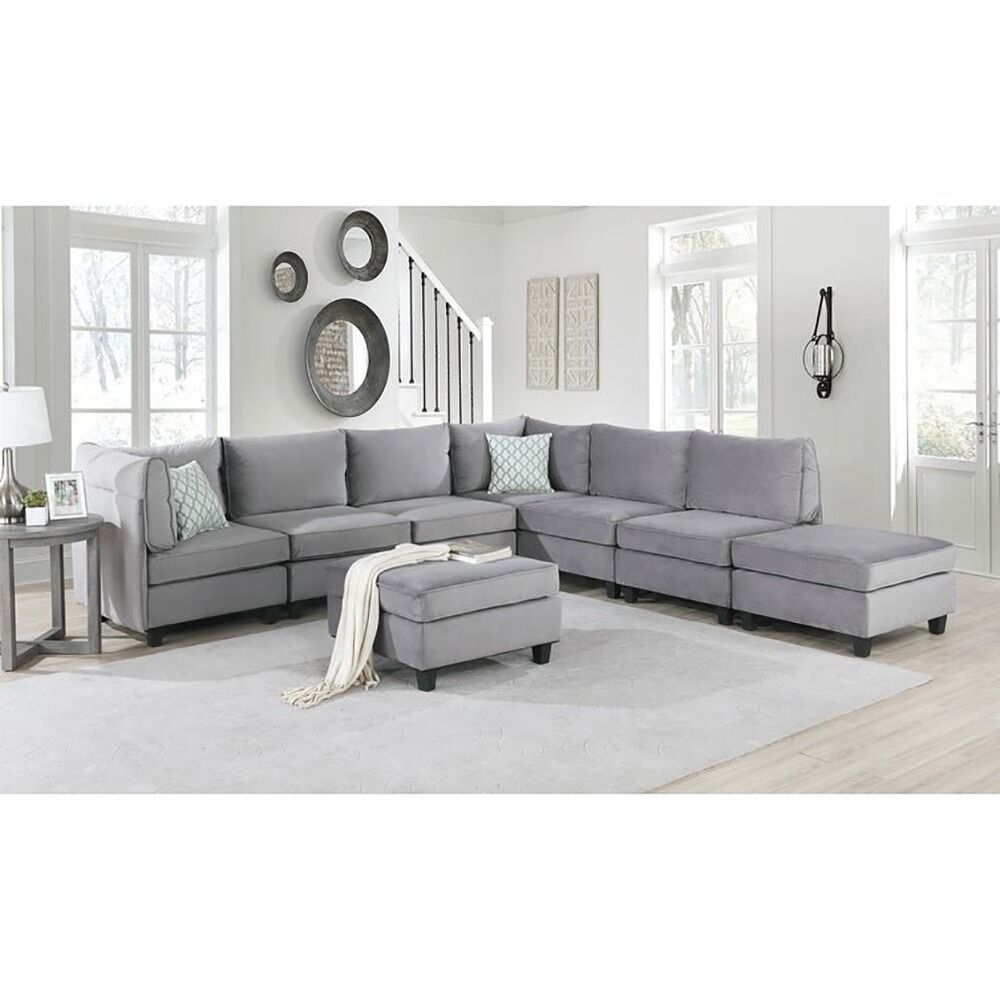 Simona Grey Velvet 8Pc Modular Sectional Sofa Set – Luxurious Comfort and Versatility
