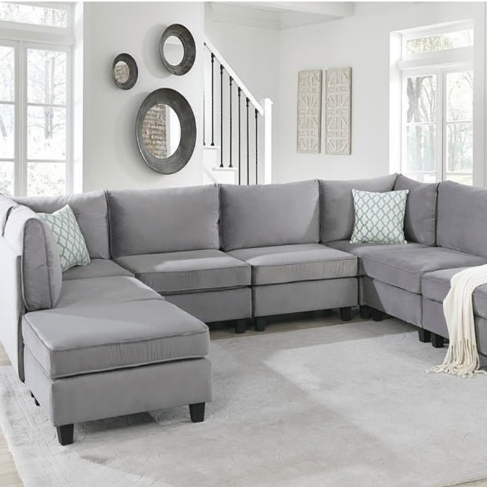 Simona Grey Velvet 8Pc Modular Sectional Sofa Set – Luxurious Comfort and Versatility