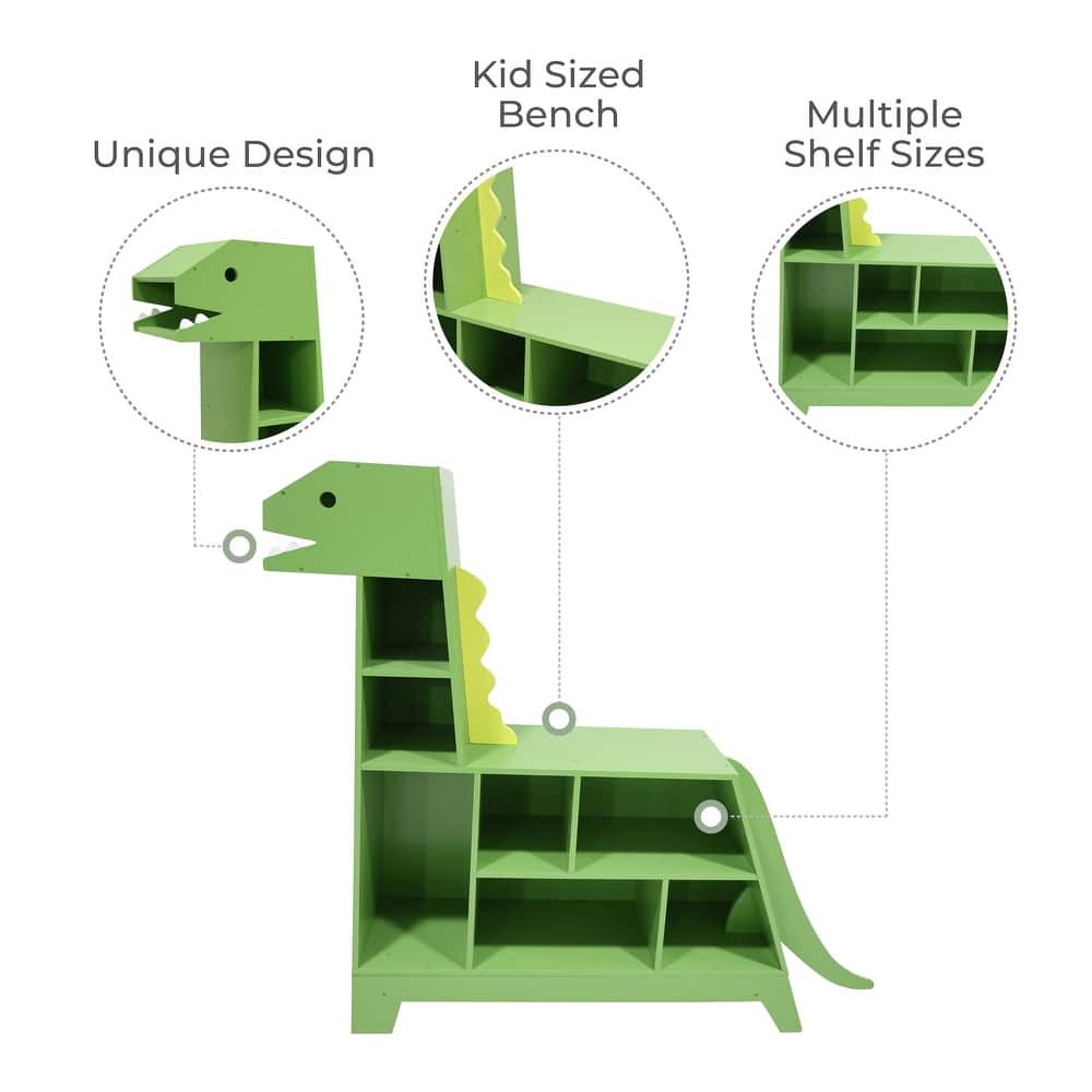 Teamson Kids Dinosaur Shaped Bookcase / Toy Organizer with Assorted Cubbies