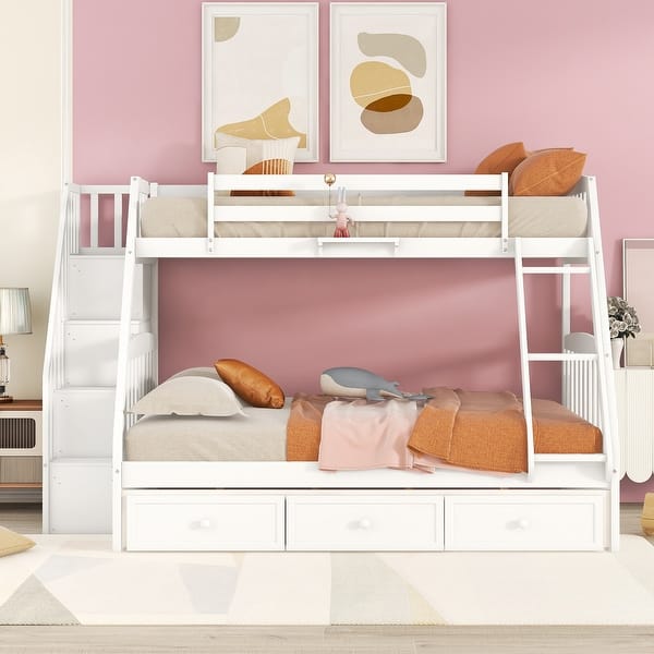 Twin-Over-Full Bunk Bed with Drawers, Ladder, and Storage Staircase - White
