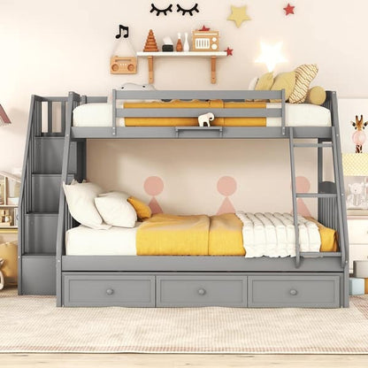 Twin-Over-Full Bunk Bed with Drawers, Ladder, and Storage Staircase - White