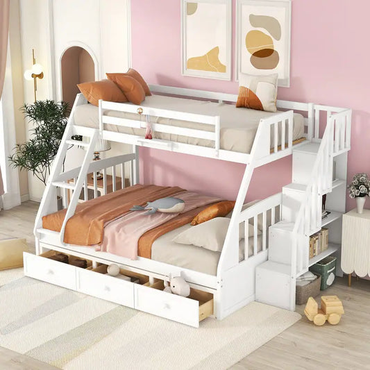 Twin-Over-Full Bunk Bed with Drawers, Ladder, and Storage Staircase - White
