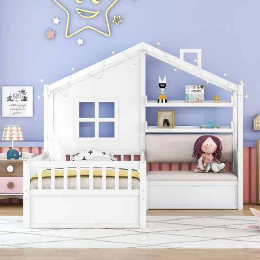 Twin Size House Bed with Sofa, Kids Platform Bed with Two Drawers and Storage Shelf