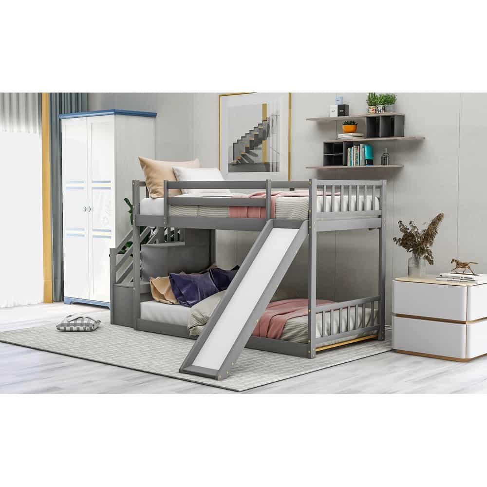 Twin over Twin Bunk Bed with Convertible Slide and Stairway - Grey