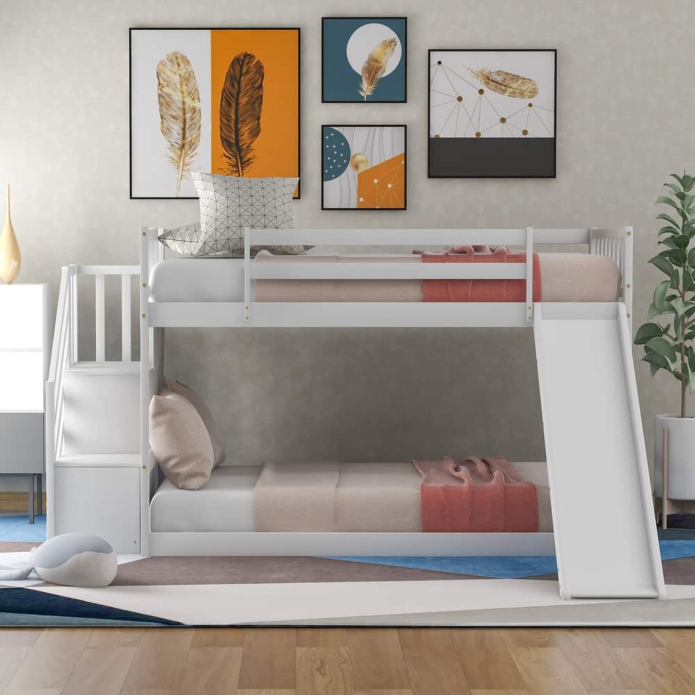 Twin over Twin Bunk Bed with Convertible Slide and Stairway - Grey