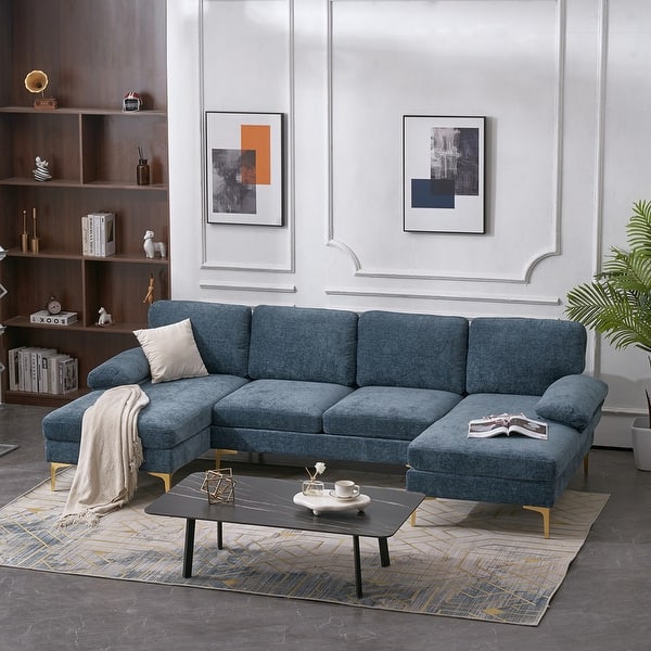 U-Shaped 4-Seat Indoor Modular Sofa in Blue-Green Chenille - Dubai's Perfect Lounge Addition
