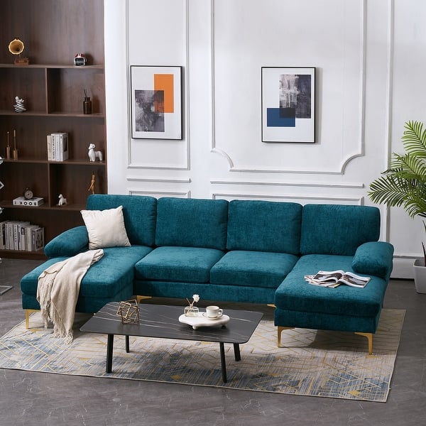 U-Shaped 4-Seat Indoor Modular Sofa in Blue-Green Chenille - Dubai's Perfect Lounge Addition