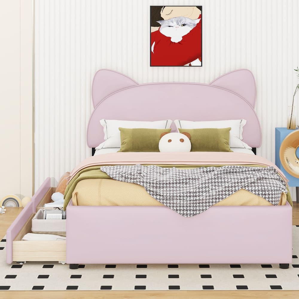 Upholstered Platform Bed with Cartoon Ears Shaped Headboard and 2 Drawers Storage
