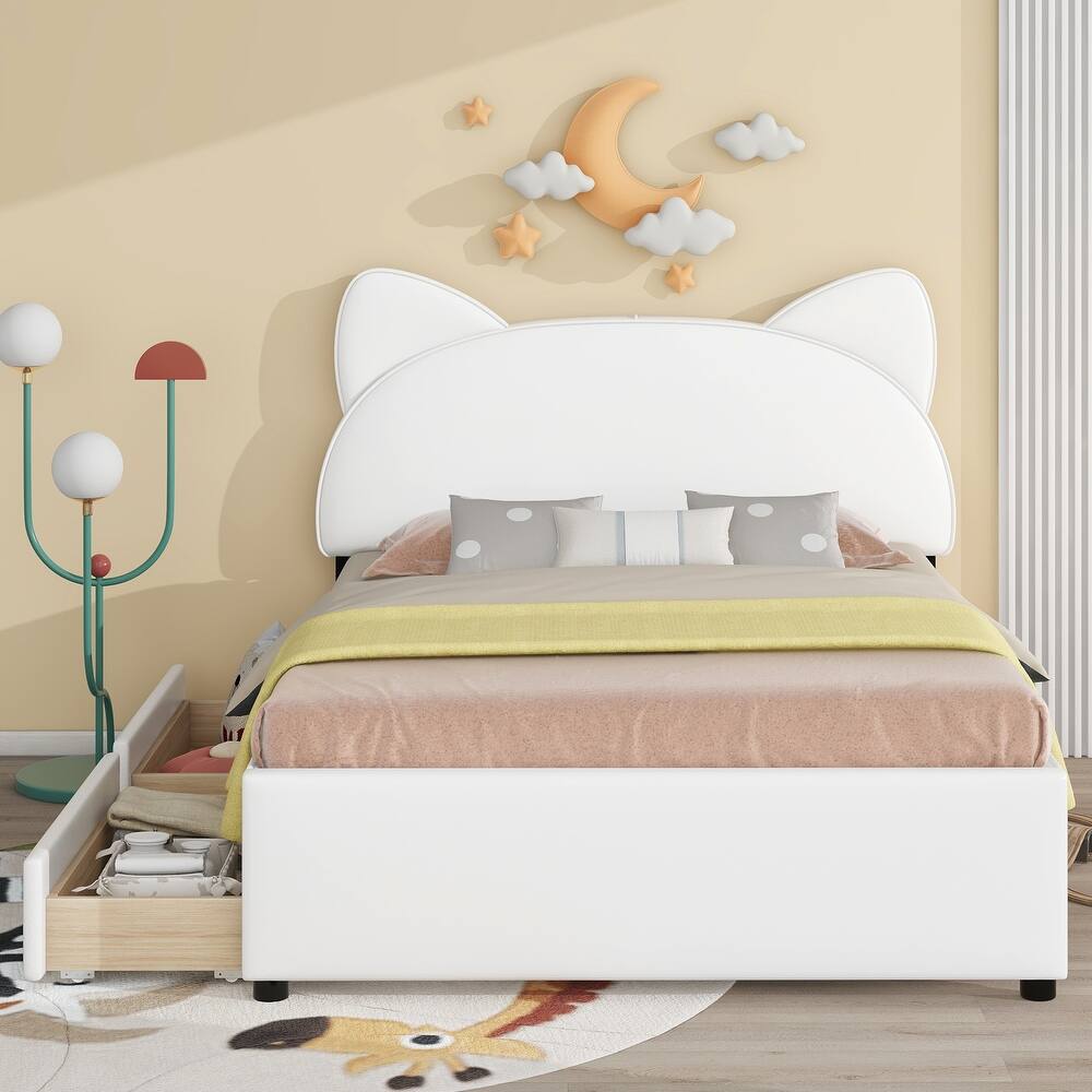 Upholstered Platform Bed with Cartoon Ears Shaped Headboard and 2 Drawers Storage