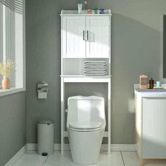 Bathroom Over The Toilet Storage Cabinet Organizer With Doors and Shelves - Grey