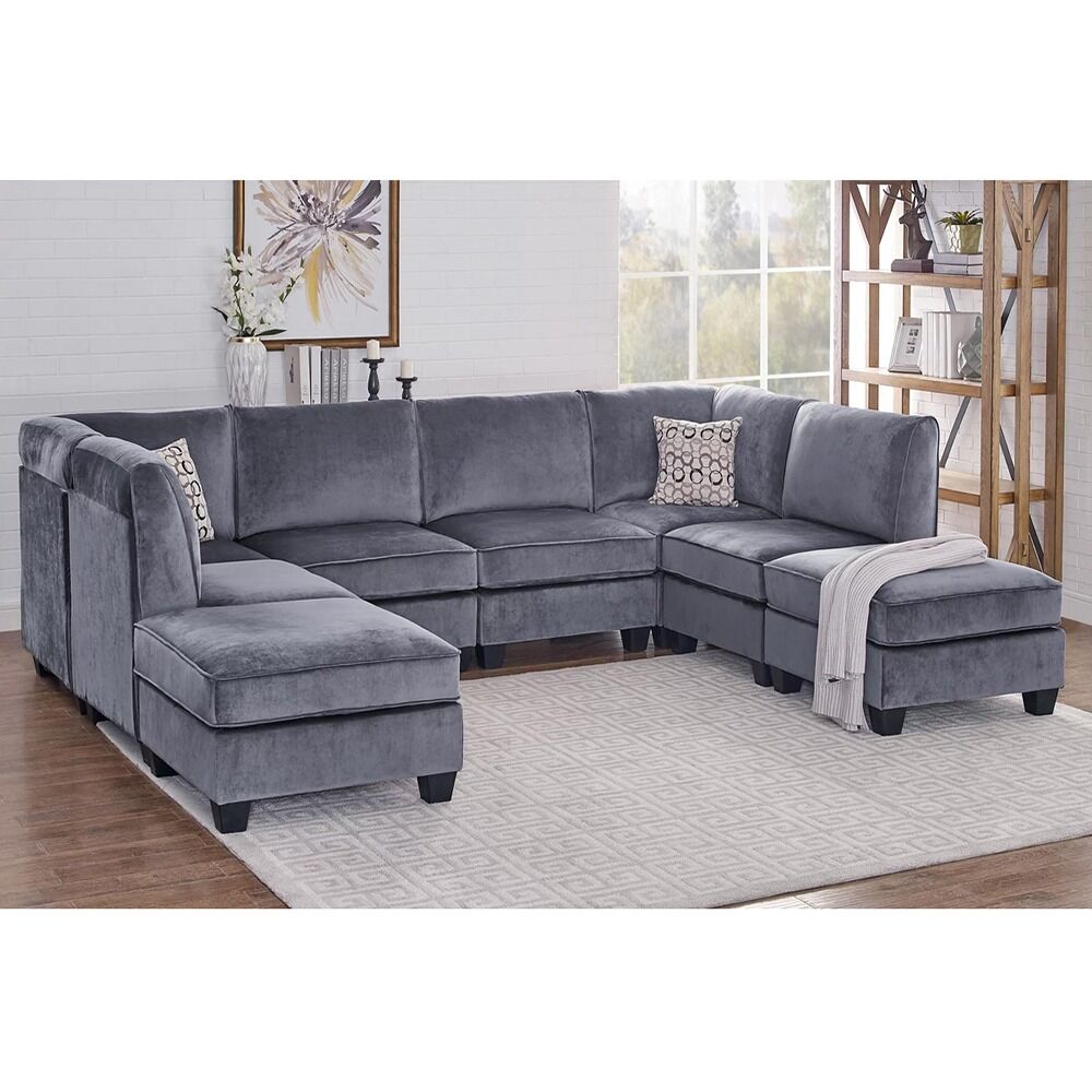 Velvet Grey Modular Sectional Sofa with Ottoman | Zavior Furniture UAE