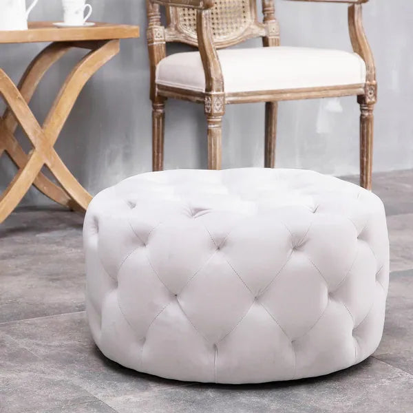 Linen Tufted Round Ottoman