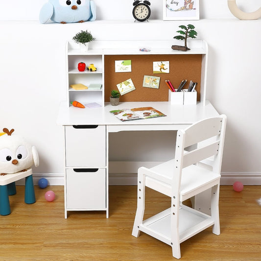 Wooden Study Desk and Chair Set for Kids,White Learning Table , Bulletin Board, and Cabinets , for Boys and Girls Ages 3-8