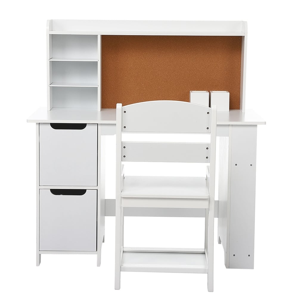 Wooden Study Desk and Chair Set for Kids,White Learning Table , Bulletin Board, and Cabinets , for Boys and Girls Ages 3-8