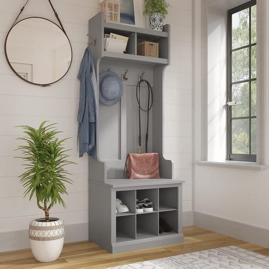 Woodland Hall Tree and Small Shoe Bench with Shelves by Bush Furniture - Cape Cod Gray