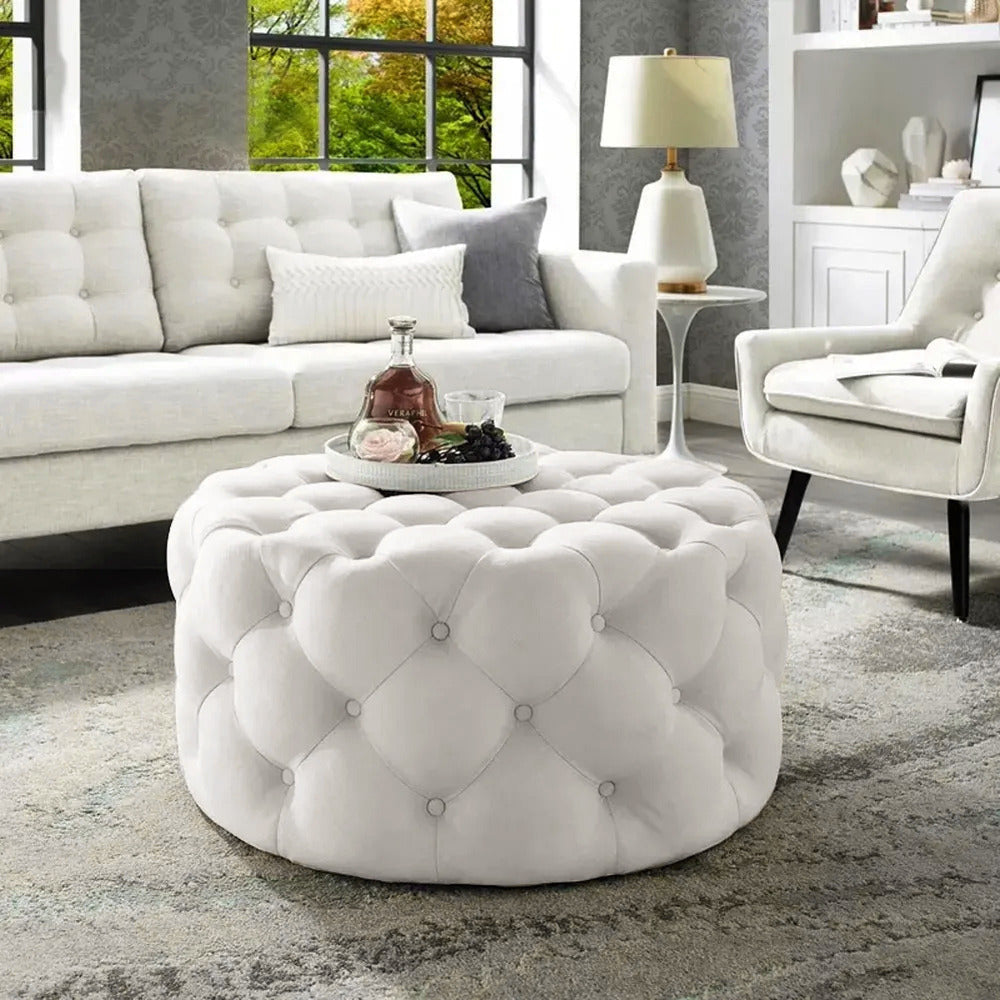 Linen Tufted Round Ottoman