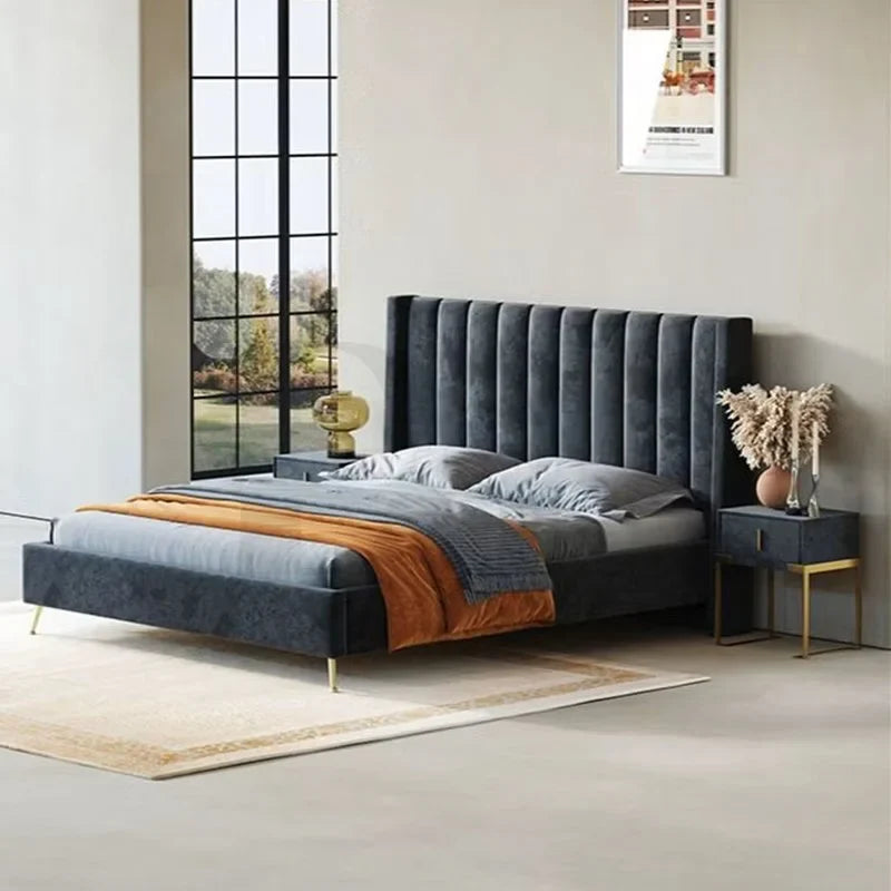 Charcoal Cotton and Polyester Upholstered Bed – Luxury Platform Bed for Apartment