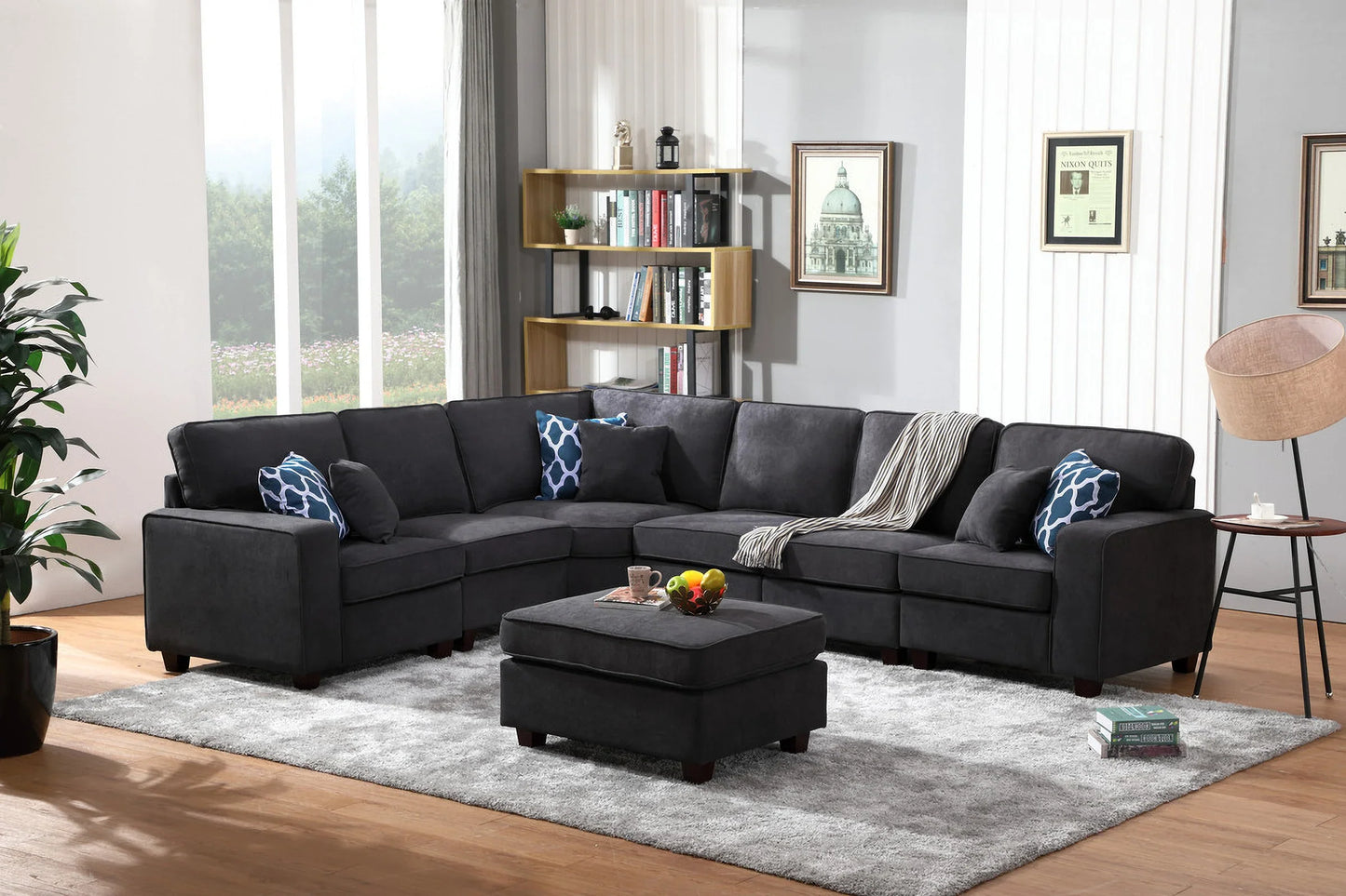 Gray Woven 6Pc Modular Sectional Sofa with Ottoman