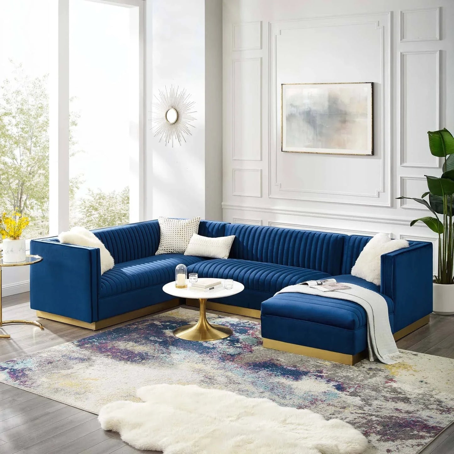 Cecilie Wide Velvet Symmetrical Sectional Sofa – U-Shaped Luxury with Gold Accents