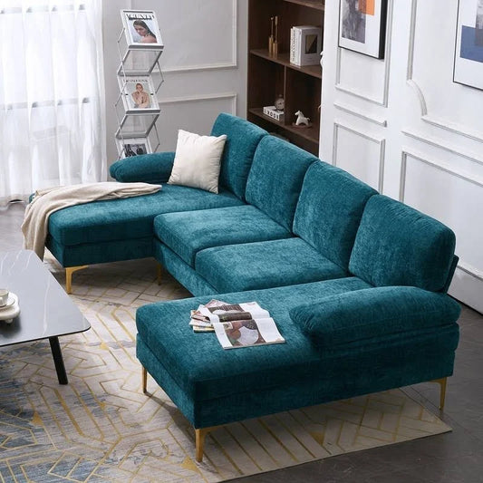U-Shaped 4-Seat Indoor Modular Sofa in Blue-Green Chenille - Dubai's Perfect Lounge Addition