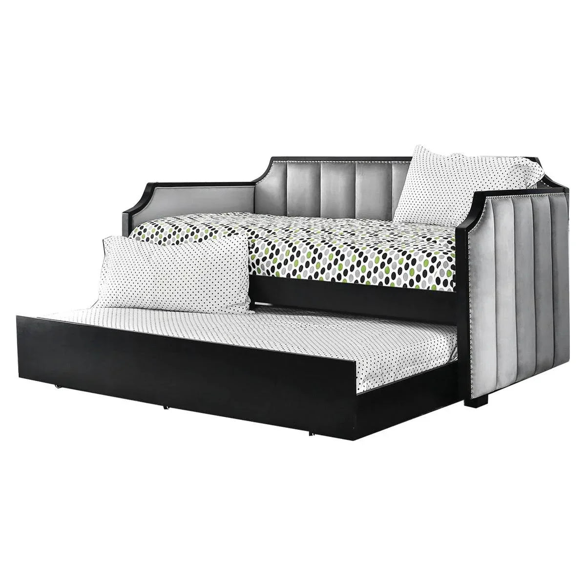 Fabric Upholstered Wooden Daybed with Vertical Tufting, Gray and Black