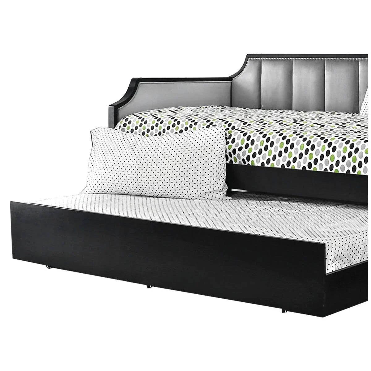 Fabric Upholstered Wooden Daybed with Vertical Tufting, Gray and Black
