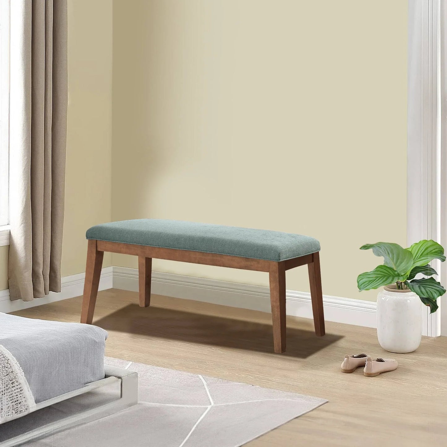 HUIMO Upholstered Fabric Entryway Bench, Bedroom Bench for End of Bed Beige, Solid Wood 44-inch