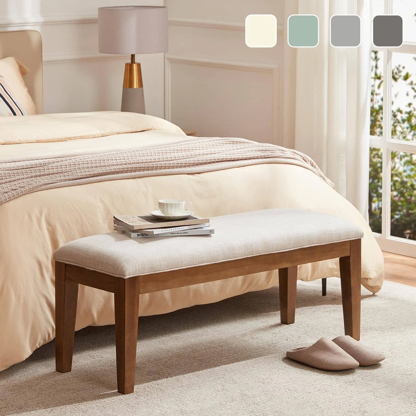 HUIMO Upholstered Fabric Entryway Bench, Bedroom Bench for End of Bed Beige, Solid Wood 44-inch