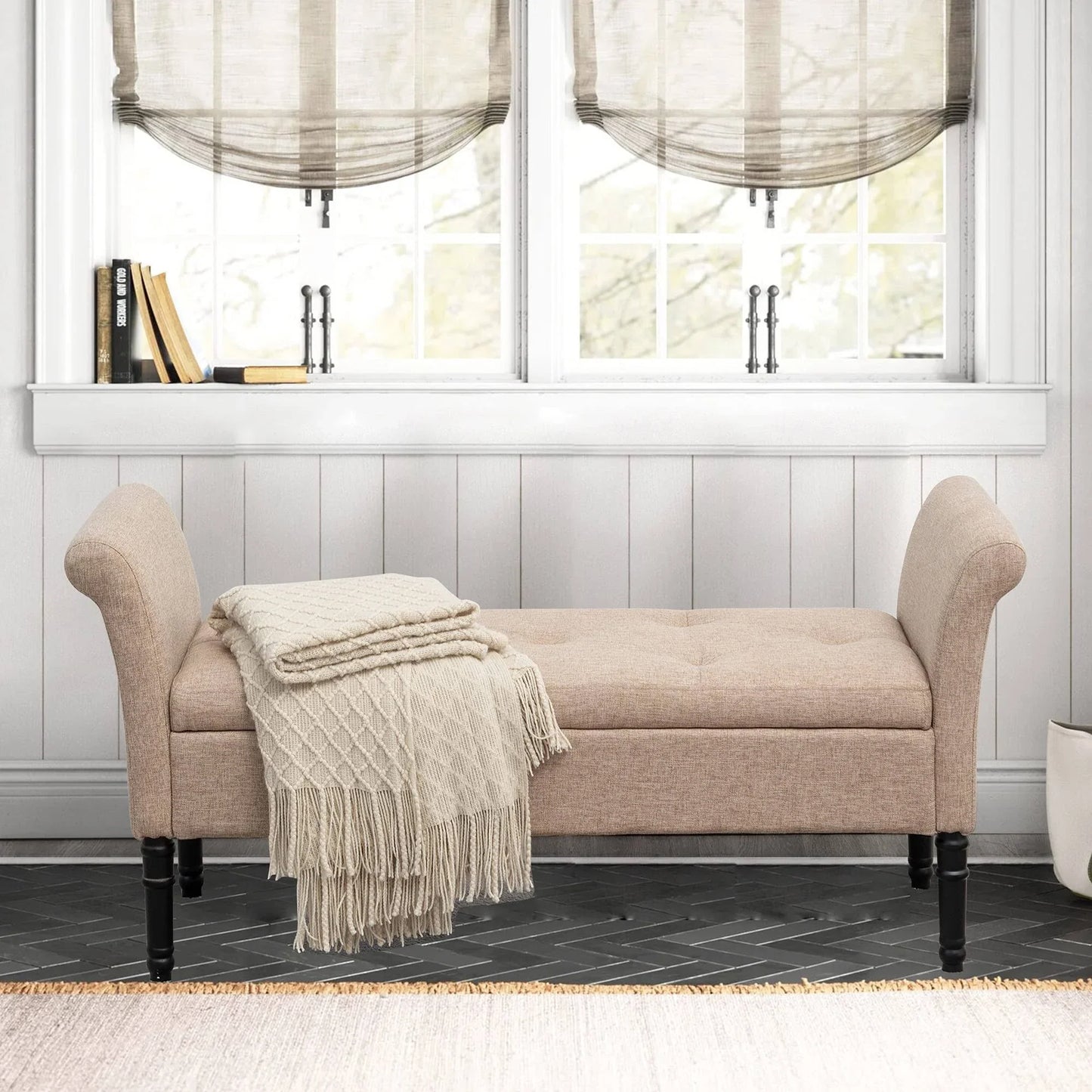Storage Ottoman Bench with Arms Upholstered Tufted Storage Bench for Bedroom Entryway Bench Footstool with Large Storage