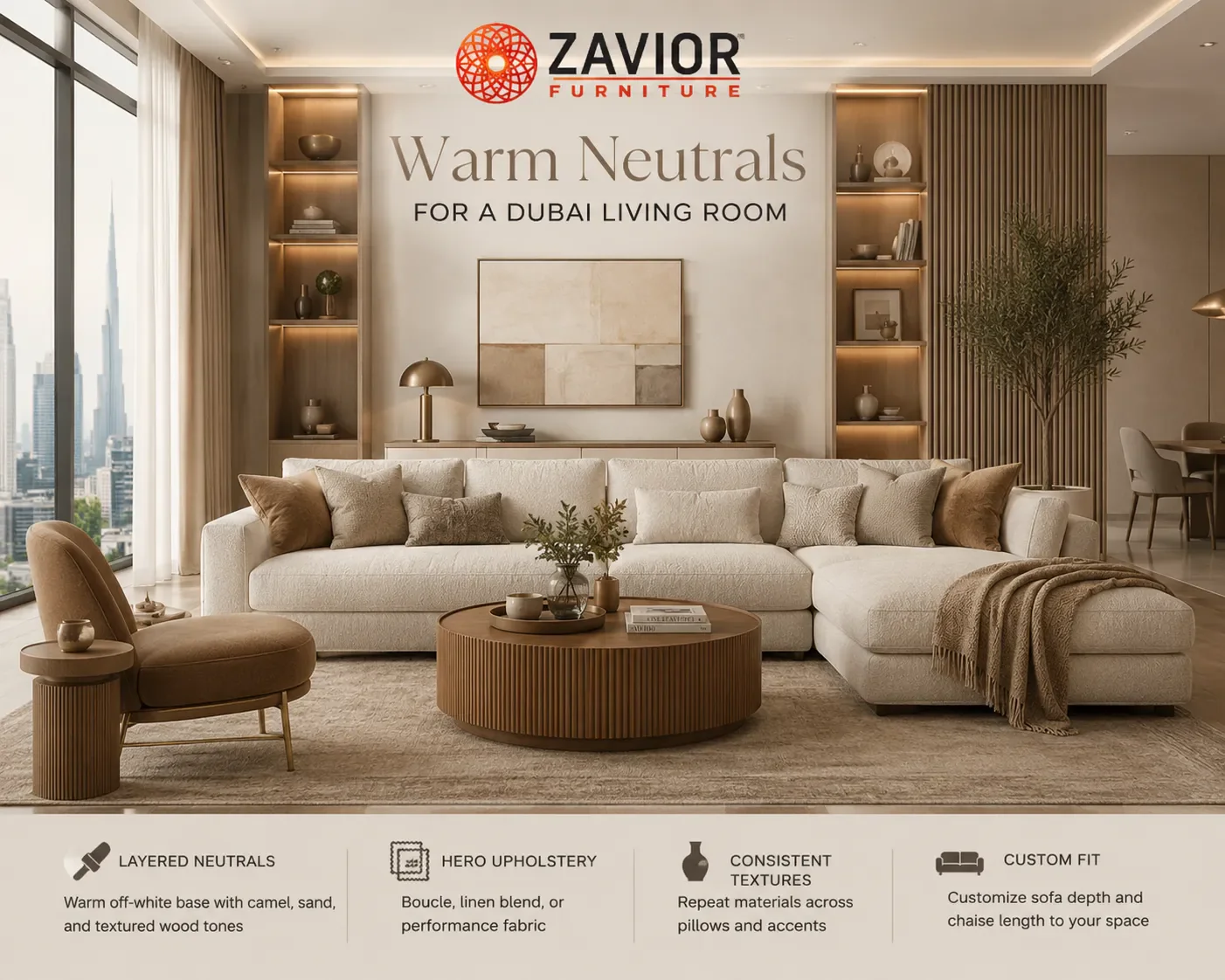 Warm neutral luxury living room styling