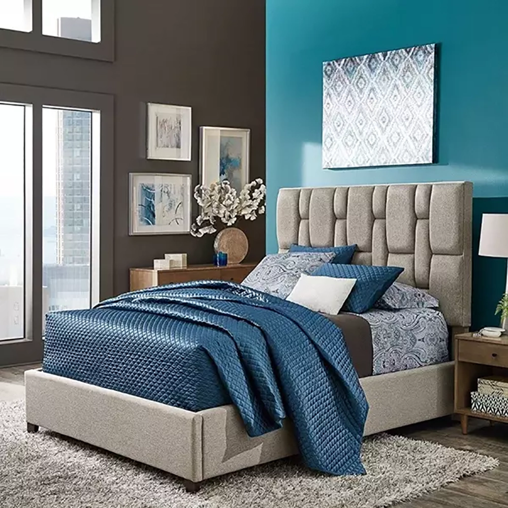 Zavior Grey Fabric Tufted Bed with Modern Headboard