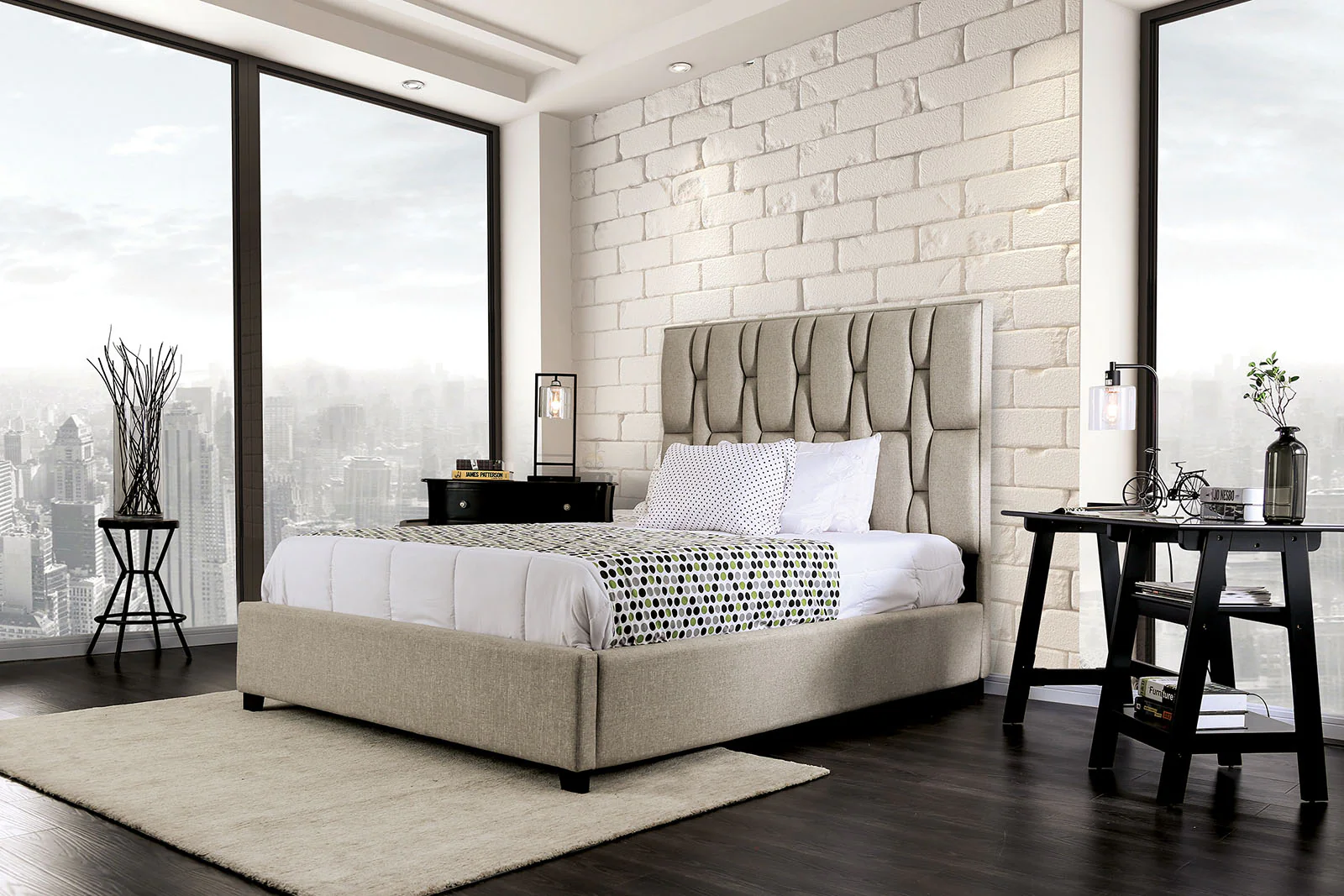 Zavior Grey Fabric Tufted Bed with Modern Headboard