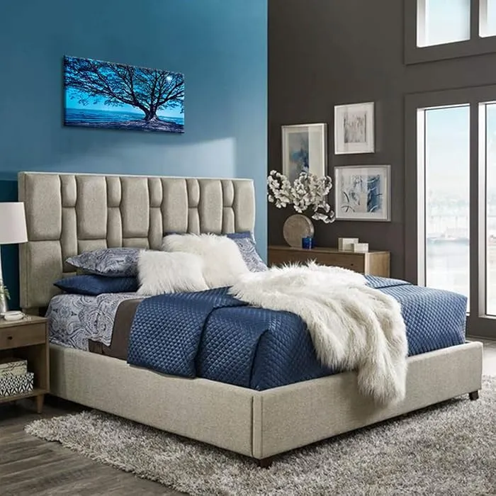 Zavior Grey Fabric Tufted Bed with Modern Headboard