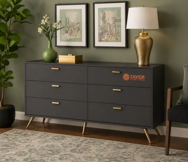 Zavior Dark Grey and Gold Finished 6-Drawer Dresser