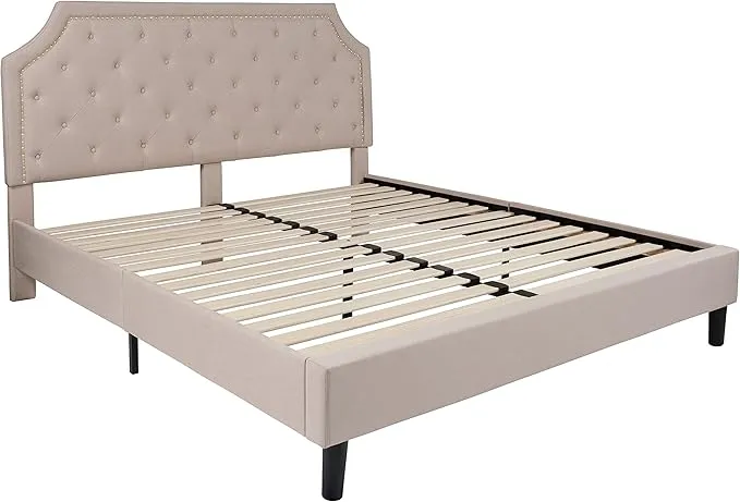 Zavior Dark Beige Upholstered Platform Bed with Tufted Headboard