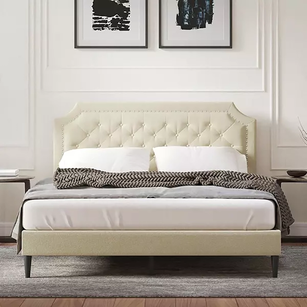 Zavior Dark Beige Upholstered Platform Bed with Tufted Headboard