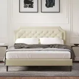 Zavior Dark Beige Upholstered Platform Bed with Tufted Headboard thumbnail 2