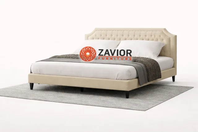 Zavior Dark Beige Upholstered Platform Bed with Tufted Headboard