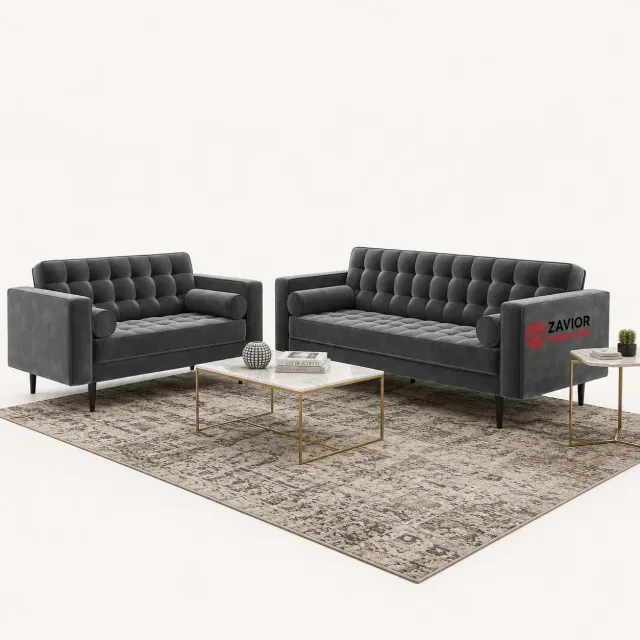 Mid Century Quilted Grey Velvet 3 Seater and 2 Seater Sofa Set Zavior – furniture